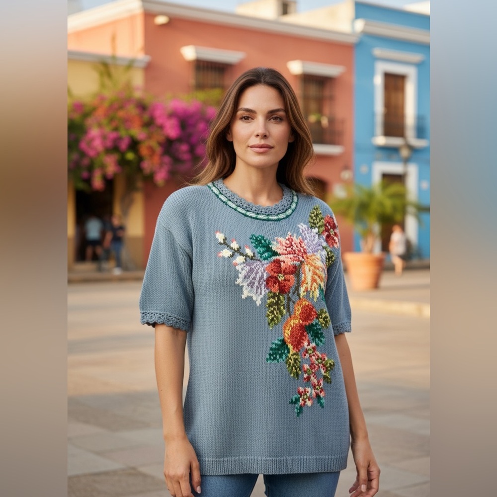 Vintage Marisa Christina Hand Knitted Floral Embroidered Short Sleeve Sweater
